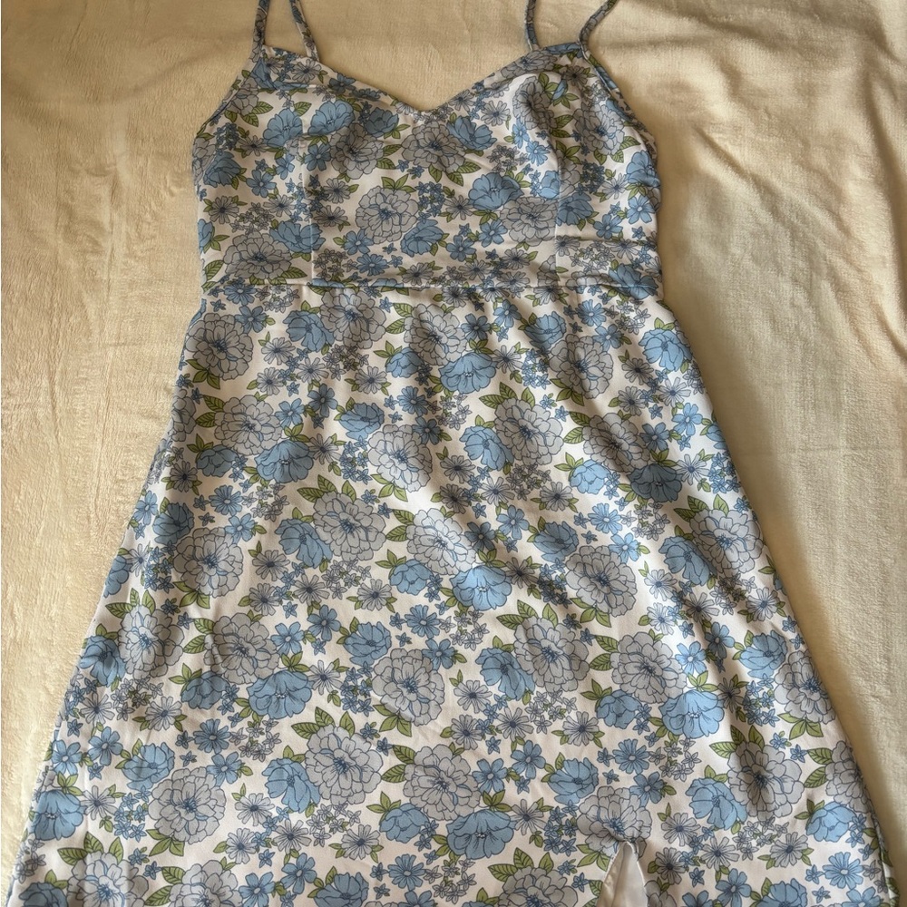 Hollister White Mini Dress with Blue Floral Print and Green Leaves